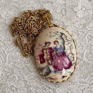 Vintage Courting Couple Necklace Cameo PENDANT SIGNED JAPAN + CHAIN SIGNED KOREA